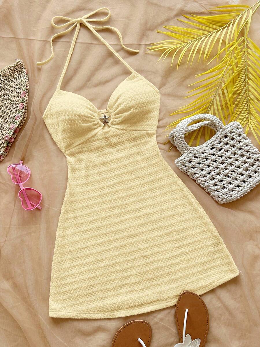 Soleia Gaun Mini A-Line Bertekstur Tanpa Punggung dengan Dekorasi Bintang Laut dan Logam, Warna Kuning Pucat, Gaya Boho Musim Panas, Liburan Pantai, Kencan, Minum Teh Sore, Festival Musik - Kuning - View 1