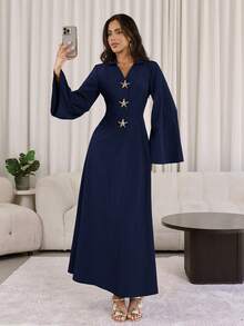 Veilorie 女士V领金属海星装饰优雅收腰派对连衣裙 - 藏蓝色 - 查看 7