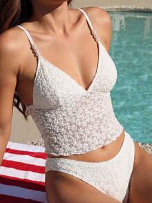 Bellisia Swim MOD 2-Piece Set, Solid Floral Textured Fabric Pearl Trim Frill Hem Triangle Cup Cami Top And High Cut Bottoms Sexy Women Cami Bikini, Spring/Summer - Beige - View 1