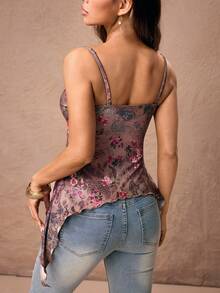 ROMWE PETITE Punk Style Floral Print Contrast Lace Front Tie Camisole - Multicolor - View 2