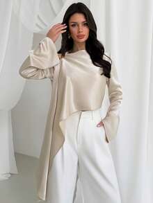 Firerie 女士优雅、精致、浪漫、端庄、简约通勤、情人节、约会、派对、婚礼宾客、度假缎面衬衫，饰有金属装饰，开衩下摆，薰衣草紫、香槟色、杏色可选，长袖。 - 杏色 - 查看 3