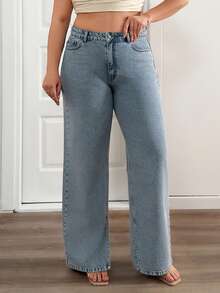 EURMUSE Plus High Waist Light Blue Wash Casual Style Regular Fit Slit Detailed Straight Jean - Light Wash - View 3