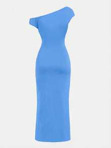 SHEIN Đầm maxi dệt kim ôm sát eo, kiểu dáng thanh lịch, bất đối xứng, vai xếp ly, dành cho bé gái tuổi teen, thích hợp cho tiệc Halloween, trang phục đi học, tụ họp, đi chơi, màu xanh dương. - Màu xanh lam - Xem 5