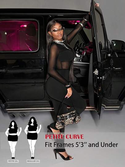 SHEIN PETITE CURVE Bộ jumpsuit phối lưới gợi cảm, thời trang cỡ lớn