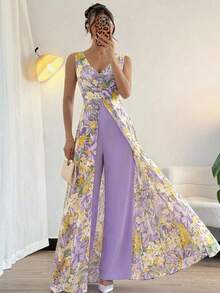 Amorya Bộ jumpsuit ống rộng bằng chiffon màu tím thanh lịch, cổ chữ V, xếp ly eo, đính ngọc trai, thích hợp làm trang phục dự tiệc cưới. - Nhiều màu - Xem 3