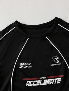 Mirajuku 2pcs/Set Teenage Boys' Casual Letter Print Round Neck T-Shirt And Sports Pants Set - Black - View 4