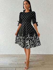 SHEIN Lady Women's Elegant Polka Dot & Floral Print Petal Sleeve Midi Dress, Summer - Black and White - View 6