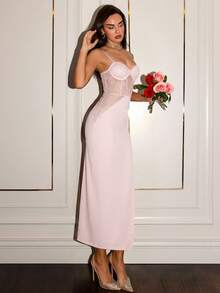 SHEIN Glamour 女士优雅性感透视蕾丝拼接高开衩吊带连衣裙长裙套装 - 淺粉色 - 查看 5