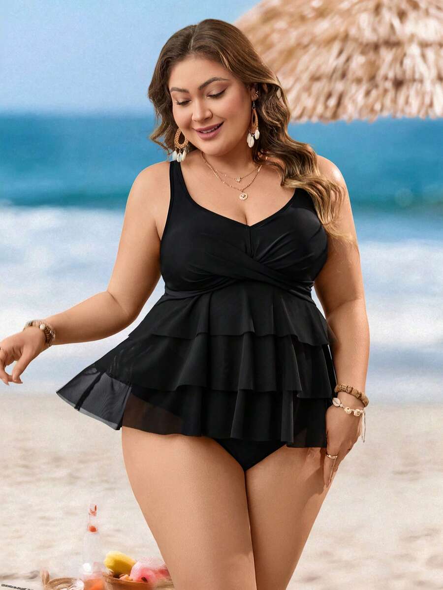 Swim Lushoire Plus Size 2 Pieces Mesh Tummy Control Backless Bikini Set,Ruffle Hem Swimwear,Black,Summer,Formal,Tropical,Beach,Evening,Holiday - Black - View 1