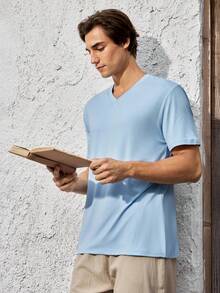 Mercer Haus Men's Fashionable Versatile Solid Color Casual V-Neck Slim Fit Short Sleeve T-Shirt, Summer , Suitable For Summer Tropical Holiday Vacation In Hawaii. - Baby Blue - View 5