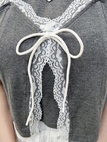 FRIFUL Women's Round Neck Fitted Lace Patchwork Bow Tie Decor Contrast Color Sweet T-Shirt - Grey - View 4