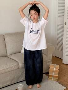 DAZY Tween Girls Crew Neck Printed Short Sleeve T-Shirt & Plaid Sweatpants Homewear Set, Autumn - Navy Blue - View 4