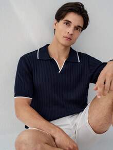 Manfinity Mode 男士休闲撞色包边V领短袖针织衫，适合夏季度假、日常穿着和通勤。男士针织衫，男士休闲上衣，男士Polo衫，男士针织Polo衫，男士夏季服装 - 藏蓝色 - 查看 4