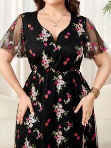 SHEIN Clasi 大码短袖网纱拼接收腰印花连衣裙 - 彩色 - 查看 6