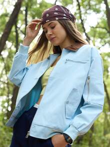 Exploreva 女士轻薄拉链夹克，易打理，休闲春秋季薄款飞行员夹克，适合办公室、户外、休闲和社交场合，多口袋设计，时尚外套，舒适面料，百搭款式，时尚达人必备单品。女士拉链夹克，浅蓝色夹克，夏季夹克，浅蓝色上衣，短款夹克，蓝色拉链夹克。 - 藍色 - 查看 5