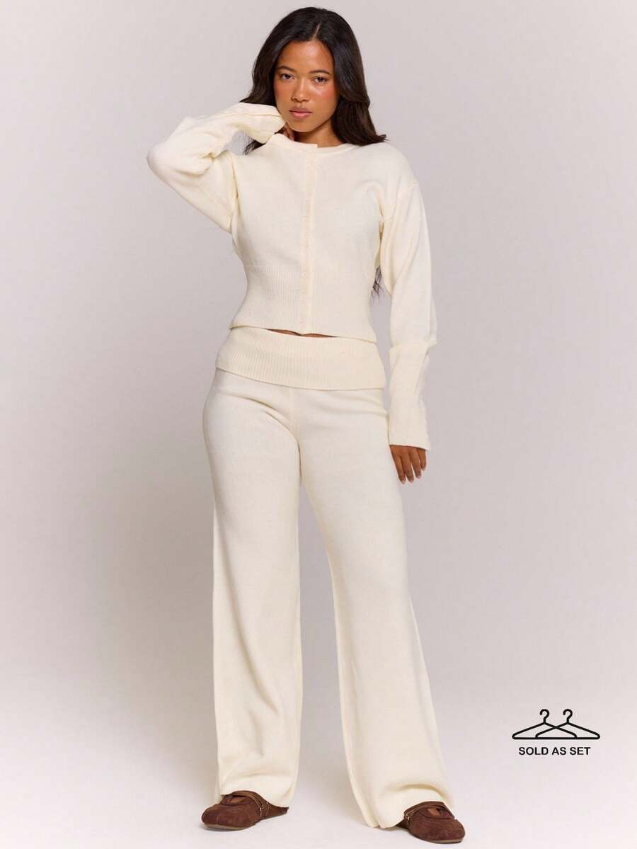 MUSERA Knit Cinched Button Cardigan And Foldover Waistband Wide Leg Trouser Set Lounge Cosy Spring Summer Occasion Travel Hen Do Wedding Bridal - Apricot - View 1