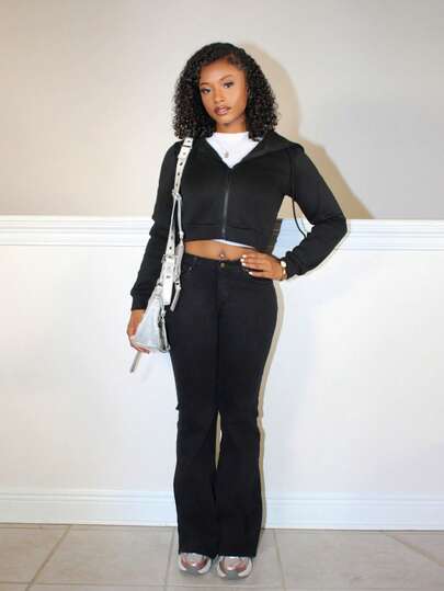 Steph T Zip Up Drawstring Crop Hoodie,Long Sleeve Tops Graduation,Back To School Outfits,Graduation,Teacher Outfits For Women,Back To School In Fall/Winter