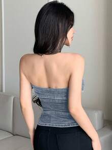 DAZY Summer Sexy Fitted Denim Crop Top With Off Shoulder Design - Baby Blue - View 4