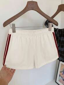 Comfortcana Quần short nữ dáng rộng kẻ sọc, cạp chun, thích hợp cho mùa xuân, hè, Giáng sinh, năm mới, thể thao ngoài trời thường ngày, quần short màu mơ phong cách Y2K. - Màu be - Xem 4