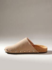 Solecia Damen Vintage-Stil Mode mit Nieten Details, bequem, vielseitig, hochwertige Anmutung, Samt, Oberbekleidung, flache Sohle, Mule Pantoffeln. - Grau - Übersicht 3
