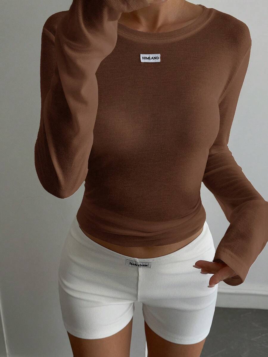 Livesso Women's Solid Color Undershirt For Sports & Fitness, Suitable For Spring, Summer, Autumn - Brown - View 1