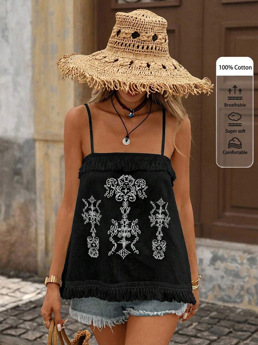 Brillora Women's Vacation Casual Retro Embroidered Camisole - Black - View 1
