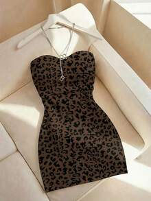 SHEIN Women's New Leopard Print Round Neck Fitted Tube Dress, Spring/Summer - Multicolor - View 1