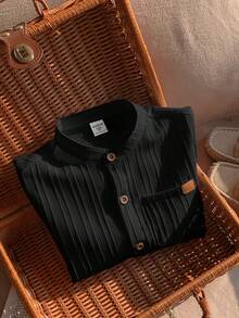 SHEIN 1pc Young Boys' Casual Collegiate Comfortable Linen Mandarin Collar Patch Pocket All-Match Versatile Shirt - Black - View 6