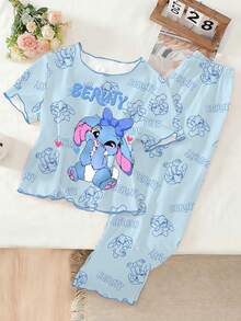 Genkimix Kids Tween Girls 1 Set Pajamas, Blue Round Neck Short Sleeve T-Shirt With Cute Rabbit Print, Contrast Trim, Matched With All-Over Rabbit Print Pants, Casual Loungewear Set - Blue - View 3