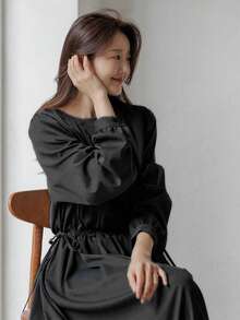 DAZY Đầm dài tay cổ tròn dáng rộng có dây rút dành cho nữ, kiểu dáng mùa hè. - màu đen - Xem 3