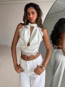 Aloruh 女士浪漫纯白色深V领露背蕾丝拼接垂褶吊带衫 - 白色 - 查看 4