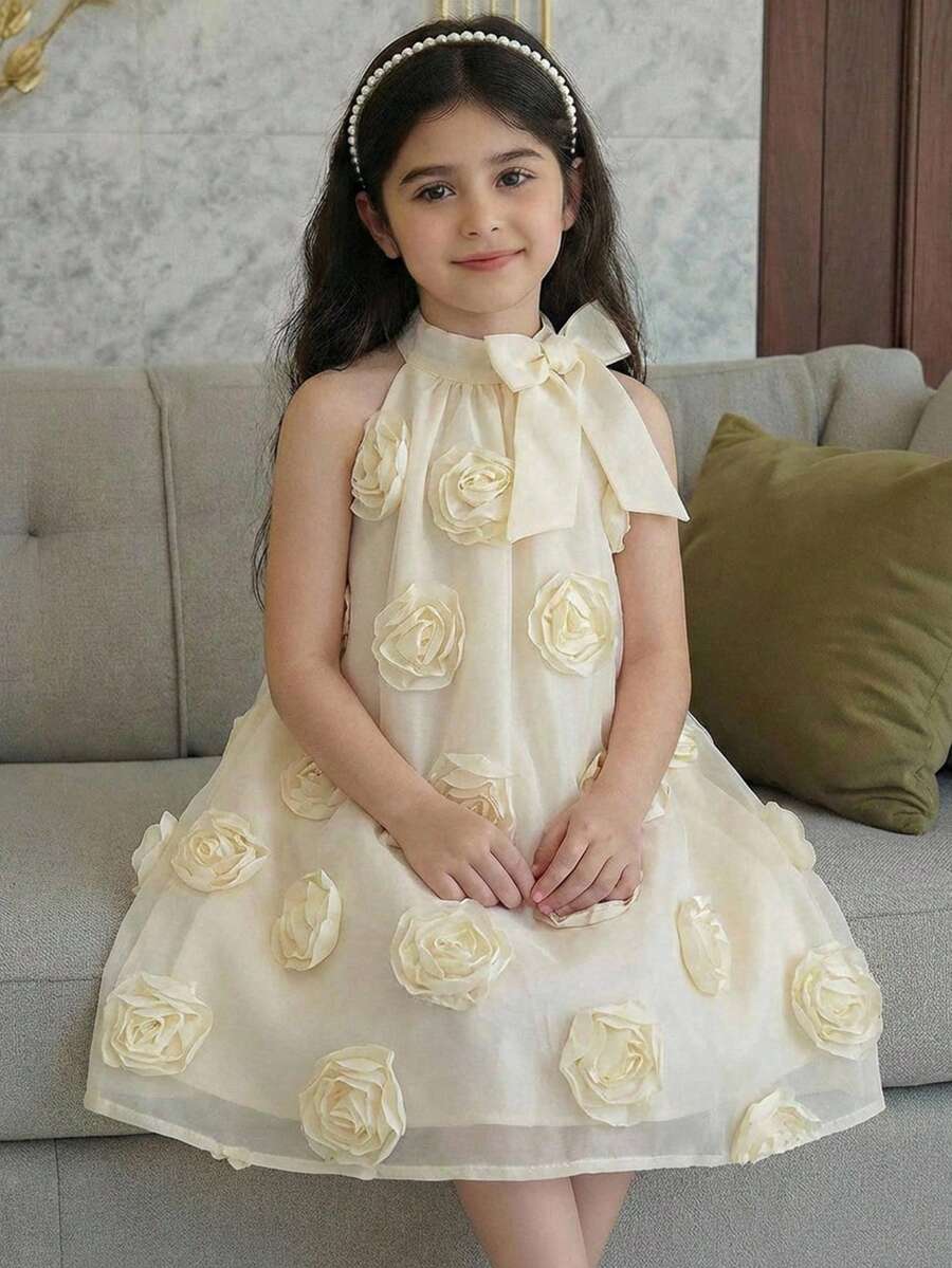 Vestido holgado casual de cuello alto con malla y estampado floral para niña joven - Albaricoque - Ver 1