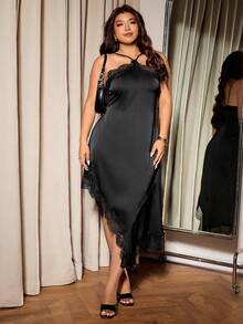 Elaquor 大码性感纯色蕾丝拼接不对称下摆无袖连衣裙 - 黑色 - 查看 6