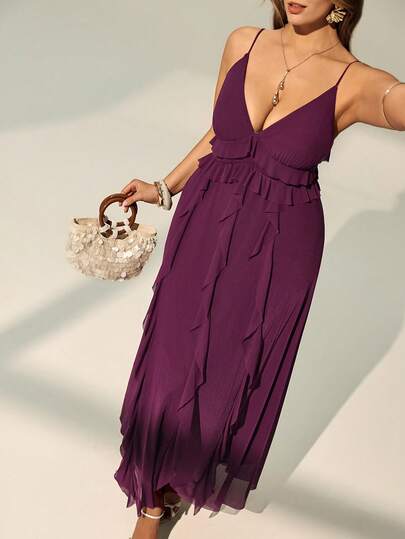 Auralis Plus Size Women Solid Color Ruffle Trim Elegant Slip Dress