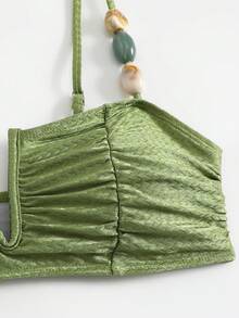 Swim Oasis 春夏三件套：提花针织吊带背心、泳裤和长款数码印花网纱裙，女士沙滩度假泳装休闲优雅套装 - 綠色 - 查看 7