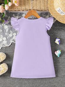 SHEIN Baby Girl Round Neck Cartoon Letter Print Ruffle Sleeve Dress, Suitable For Daily Wear - Purple - View 2