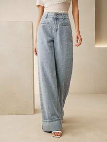 Anewsta Women's Fashionable Glamorous White Pearl Romantic Valentine's Day Party Vacation Blue Straight Leg Cuffed Jeans - Blue - View 4