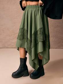 ROMWE PETITE 不对称下摆蕾丝拼接松紧腰半身裙，自然风格 - 軍綠色 - 查看 3