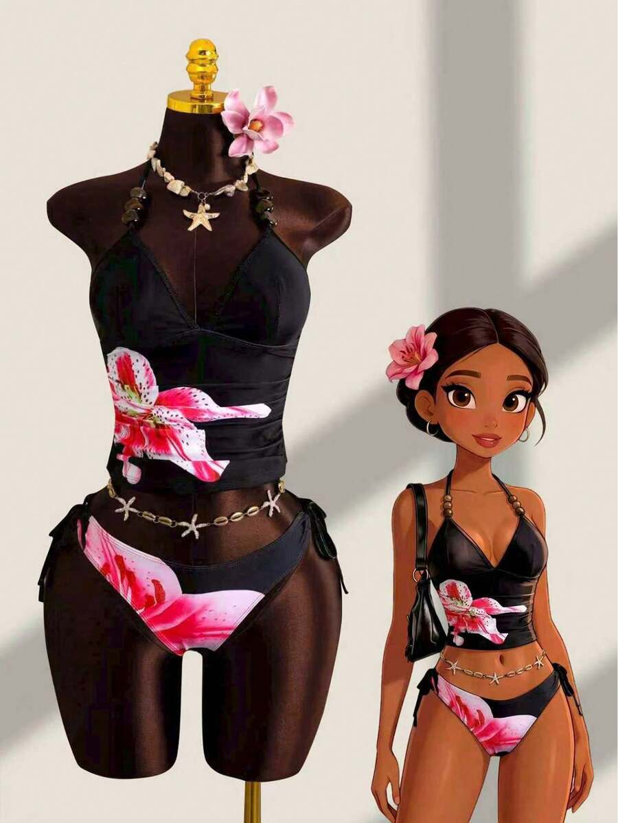 Zestiva 2026 New Women's Summer Beach Viral Vacation Beaded Floral Print Black Ruched Tie-Waist Pants Side Tie Backless Sexy Camisole Strap Bikini Set 2-Piece Set - Black - View 1