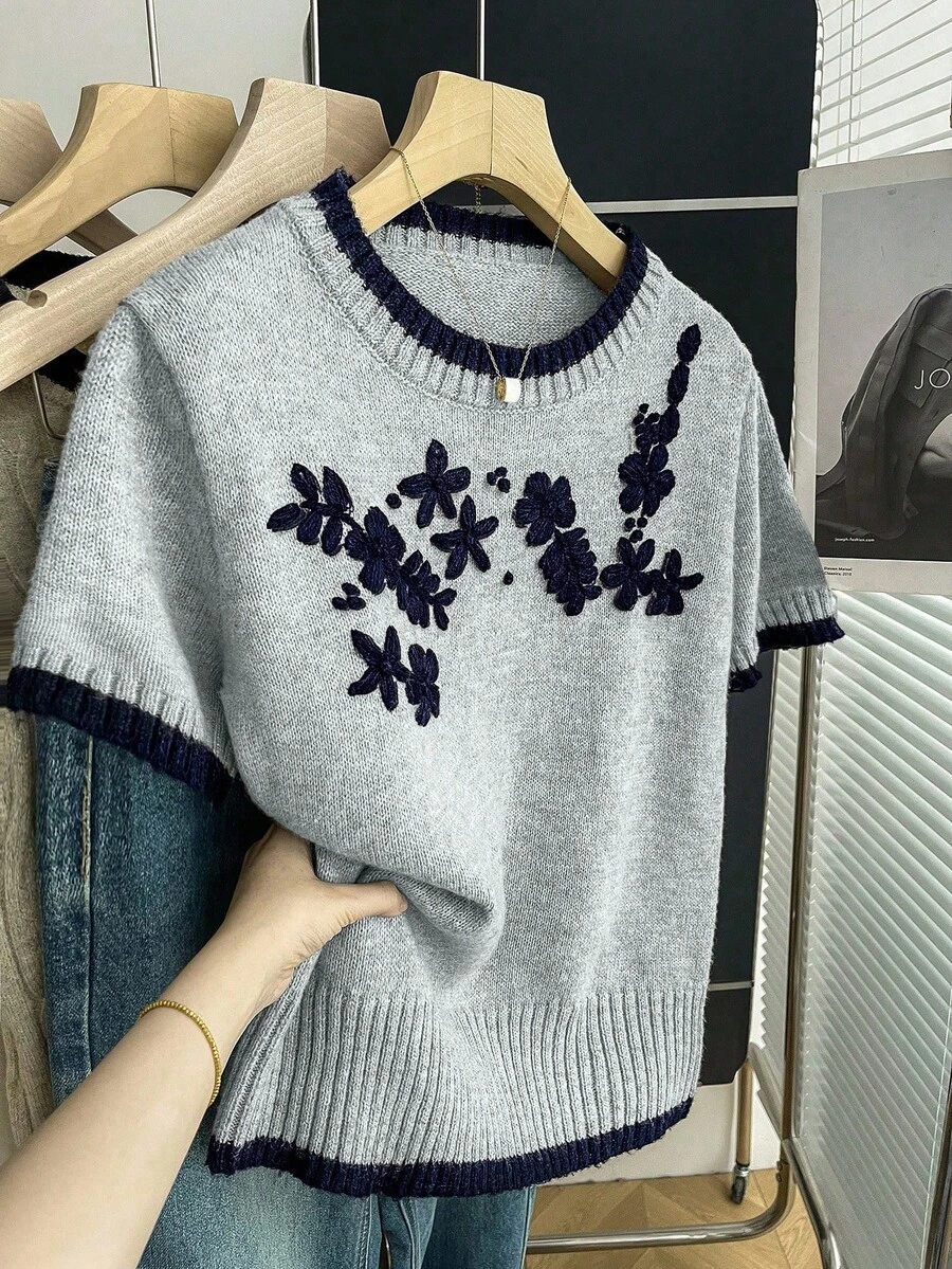 SHEIN Franclia 新款休闲宽松碎花甜美复古女式针织毛衣，春秋季 - 淺灰色 - 查看 1
