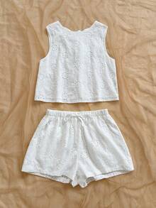 SHEIN WYWH Women's Vacation Casual Loose Backless Textured Fabric A-Line Tank Top, Elastic Waist Relaxed Shorts With Pockets, Suitable For Beach & Seaside - White - View 4