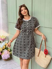 Vionelle 大码女士优雅浪漫春夏短袖刺绣迷你连衣裙，浪漫约会/外出连衣裙，蕾丝拼接A字连衣裙，婚礼宾客/毕业典礼连衣裙，浪漫连衣裙，复活节女士连衣裙，夏季女装，夏季连衣裙，女士休闲连衣裙，图案连衣裙，女士休闲连衣裙，女装，小狗图案短袖连衣裙，图案高级连衣裙，波点新款连衣裙 - 黑色 - 查看 5