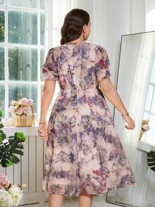 Clasi Vestido de manga de pétalo con cintura anudada y estampado floral para tallas grandes - Multicolor - Ver 2