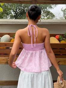 Sunnyshic Women's Pink Embroidered Halter Neck Tie Camisole, Fashionable Versatile For Outings, Dates, Beach Vacations, Cute & Sweet, Spring/Summer Back To School Season - Pink - View 2