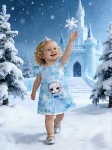 SHEIN 女婴夏季无袖卡通公主雪花印花圆领时尚公主连衣裙，适合日常外出穿着 - 藍色 - 查看 1