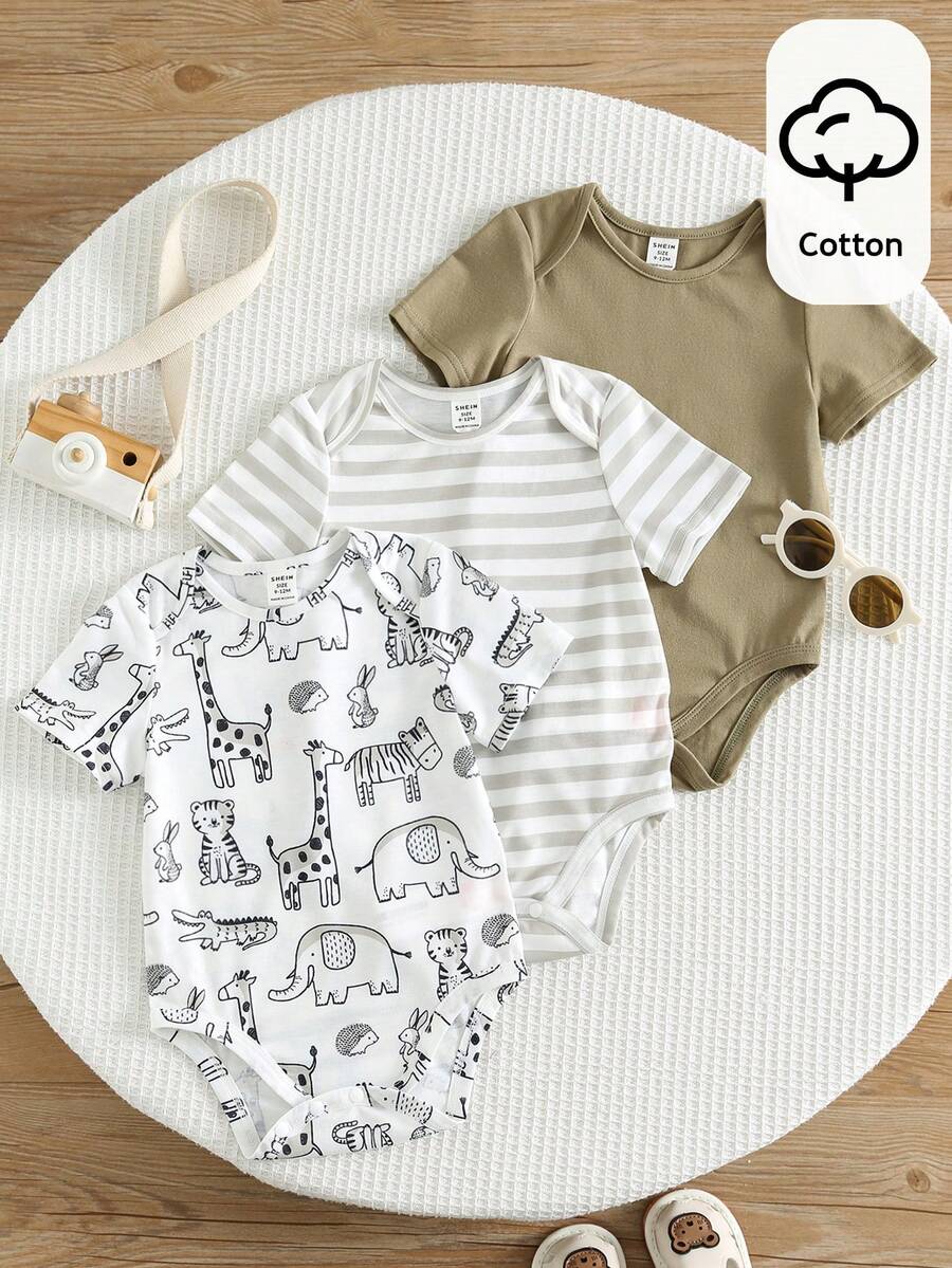 SHEIN 3件套男婴可爱卡通条纹短袖连体衣套装，夏季 - 彩色 - 查看 1
