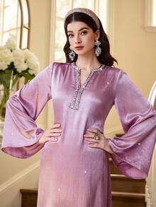 Al Najma Đầm maxi Thổ Nhĩ Kỳ dành cho nữ và áo abaya truyền thống Ả Rập. - Hồng - Xem 6