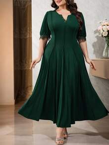 Modelyn Plus Size Women V-Neck Lace Patchwork Ruffle Casual Party Dress Elegant Dress For Women Zanzea Dress For Women Plus Size - Dark Green - View 4