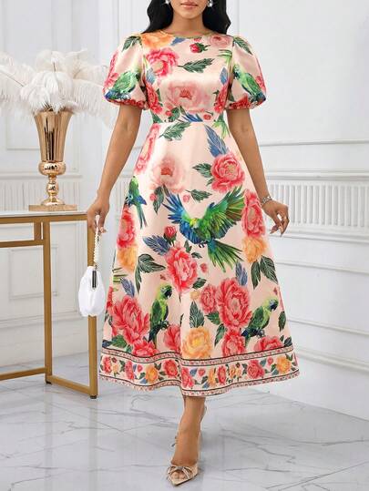 SHEIN Lady Women's Floral Print Round Neck Petal Sleeve Elegant Mid-Length Dress, Suitable For Vacation