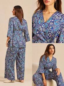 LUVLETTE 女士四季佩斯利花纹睡衣 - 宽松缎面和服套装，腰部系带，春夏秋冬皆宜 - 粉色 - 查看 3